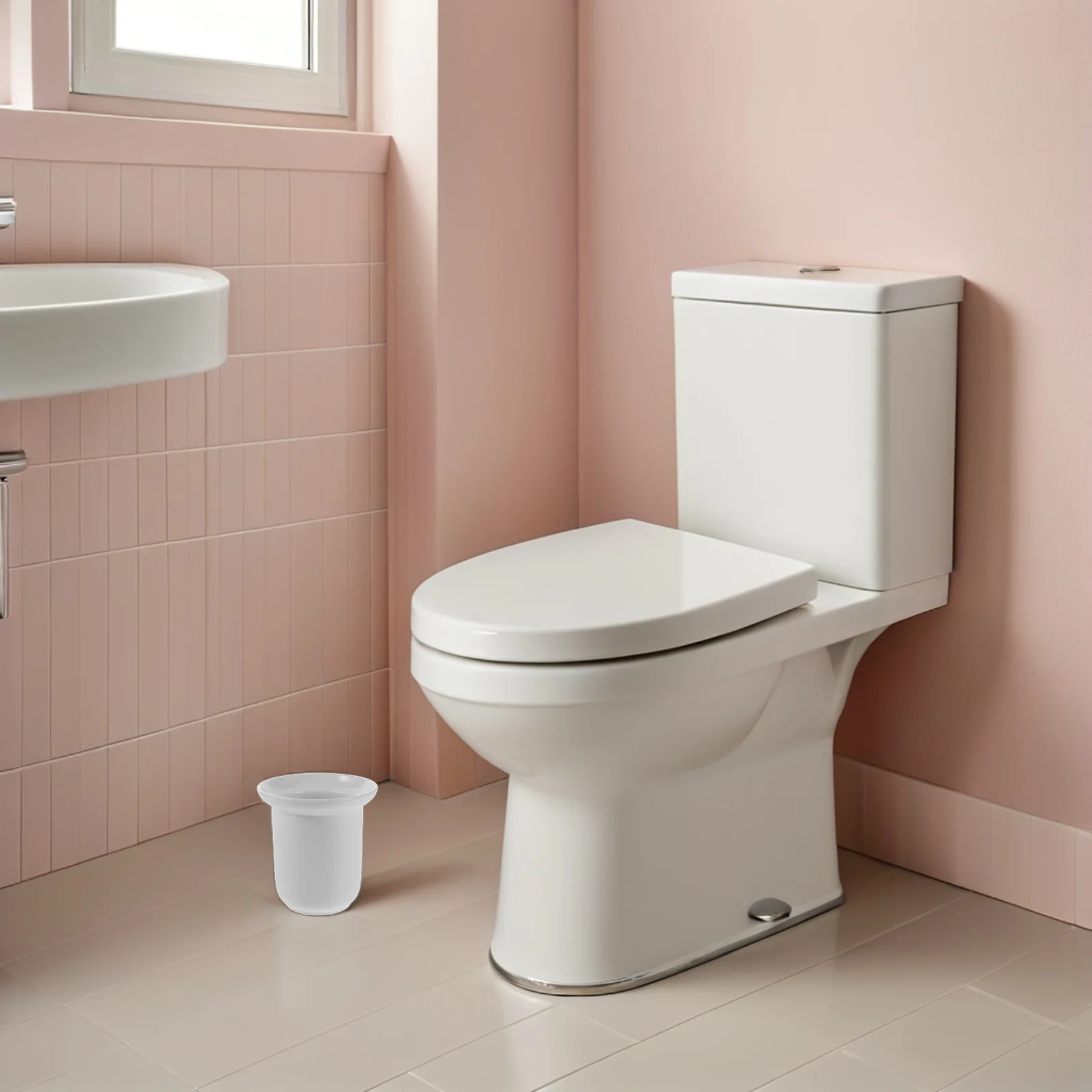 

White Ceramic Toilet Brush Holder - Porcelain Bathroom Brush Cup - Space-Saving Corner Toilet Organizer - Elegant Modern