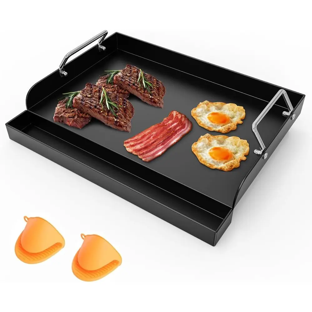 Hochwertiger Grillplatteneinsatz oder Outdoor-Gasgrill, Gusseisen-Grillplatte oder Holzkohlegrill, 17 x 13 Zoll Antihaftbeschichtete Platte mit Griff & Fettabscheider