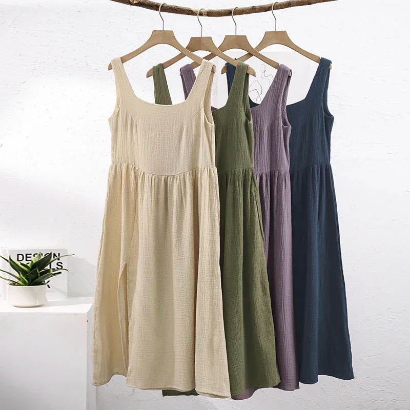 100% Cotton Boho Dress Women Clothing Causal U-Neck Sleeveless Solid Summer Dresses Casual Loose Beach Sundress Travel Lady Robe