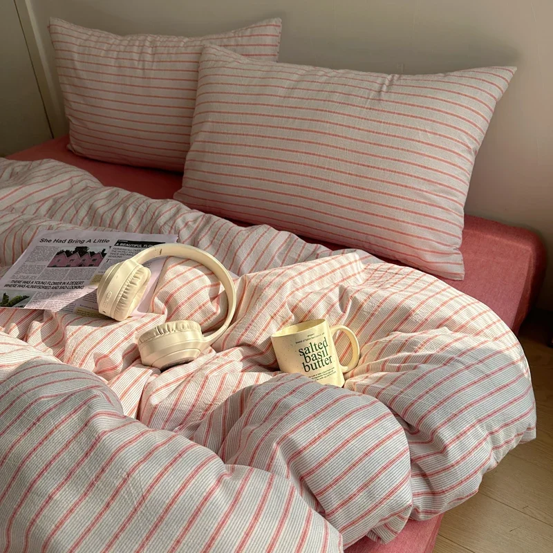 Nordic Bedding Set Pure Cotton Striped Duvet Cover Set Soft Flat Sheet Single Queen Size Double Bed Sheet Set For Bedroom Decor