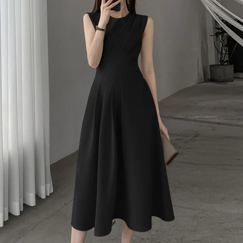 Robe trapèze pour femmes, couleur unie, col rond, sans manches, débardeur, élégante, tenue de soirée, été