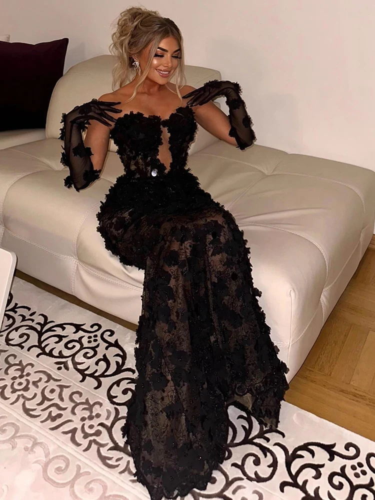 VC 魅惑的なブラック ストラップレス ノースリーブ スパンコール シアー フローラル カットアウト デザイン イブニング ドレス パーティー ディナー ドレス用