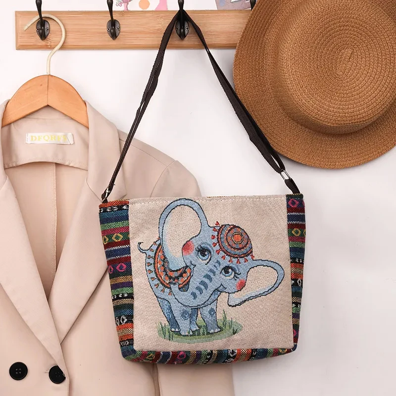 Ethnic Style Handbag Embroidery Elephant Canvas Women Shoulder Bags Grocery Storage Pouch Large Capacity Crossbody Bag