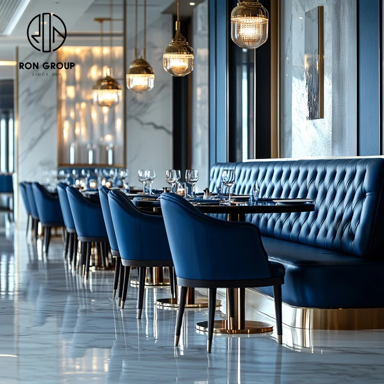 Ron Group Commercial Restaurant Furniture Round Wood Metal Base Table Leather Chair Set Curved Tufted Booth Seating