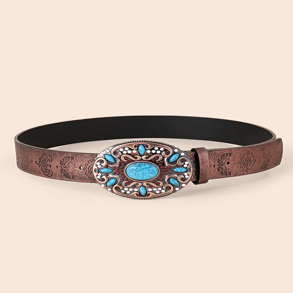 Fashion Classic Turquoise Decor Geweven Gesp Reliëf Riem Vrouwen Jeans Riem