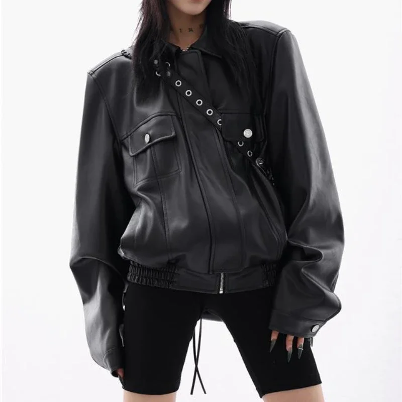 Black Vintage PU Jackets Women Streetwear Spring Autumn Bomber Overcoats Female Motorcycle Loose Zip Up Y2K Leather Outwear