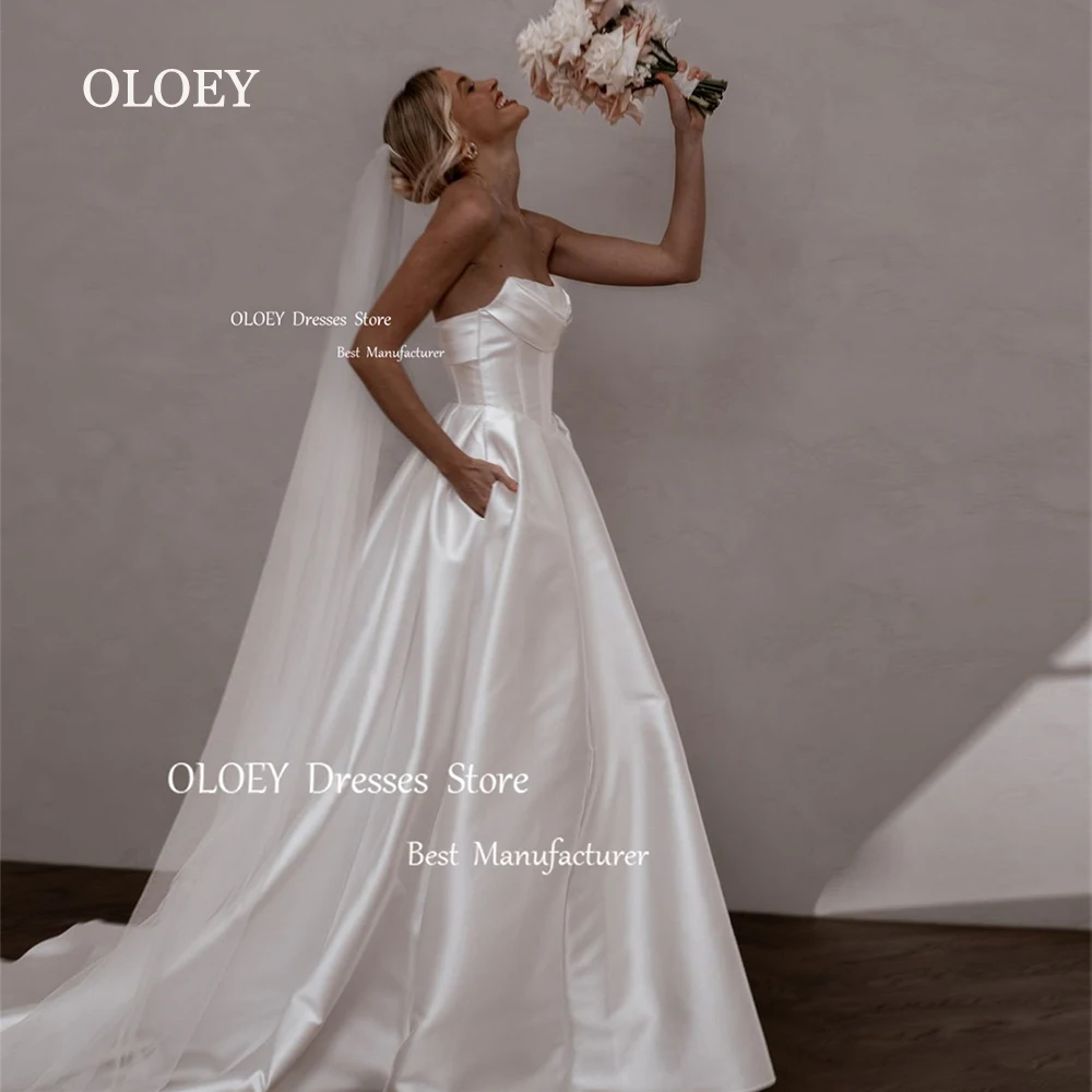 

OLOEY Simple Satin Wedding Dresses Strapless A Line Floor Length Bridal Gowns 2024 Button Back Vestidos De Novia Custom Made