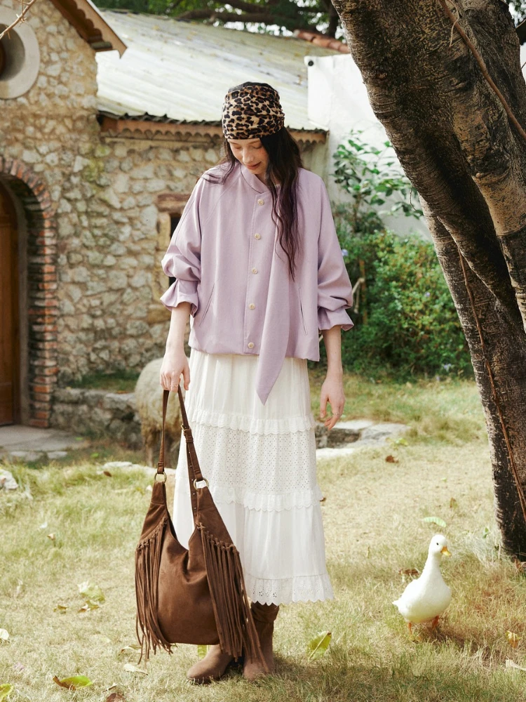 OLrain 女性用スポーツジャケット スタンドタイ フロントネック ルーズ レディース ショートコート 春 2026 エレガント プリーツスリーブ トップス GO58CW003008