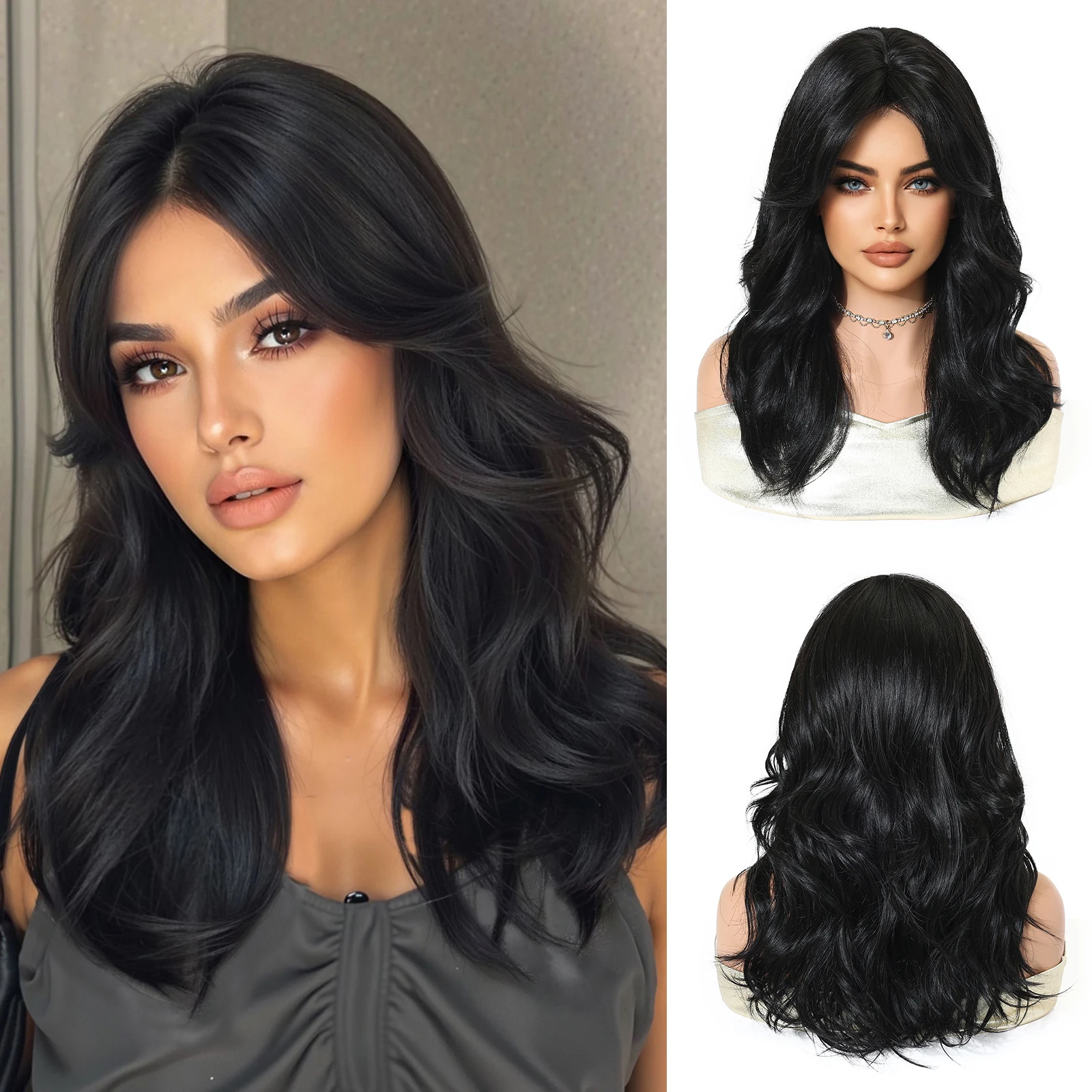 ALAN EATON Shoulder Length Black Wave Synthetic Wig Middle Part Wig for Women Daily Cosplay Fake Hair High Temperature Fiber Wig