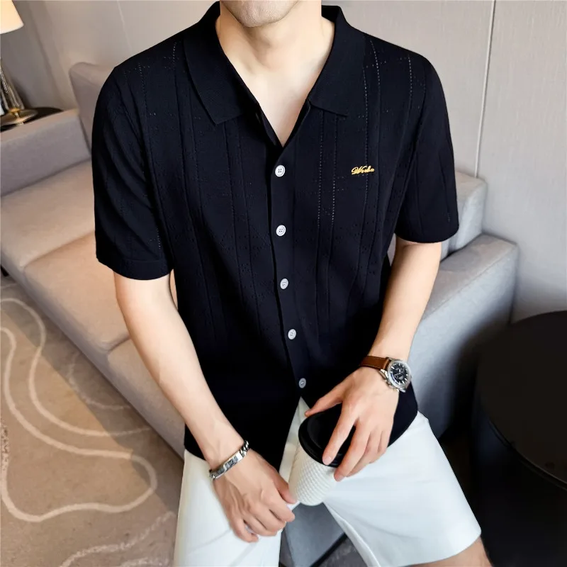 2026 Hollow Out Breathable Knitted Short Sleeved T-shirt Men's Lapel Jacquard Cardigan Casual Business Social Streetwear Tshirts