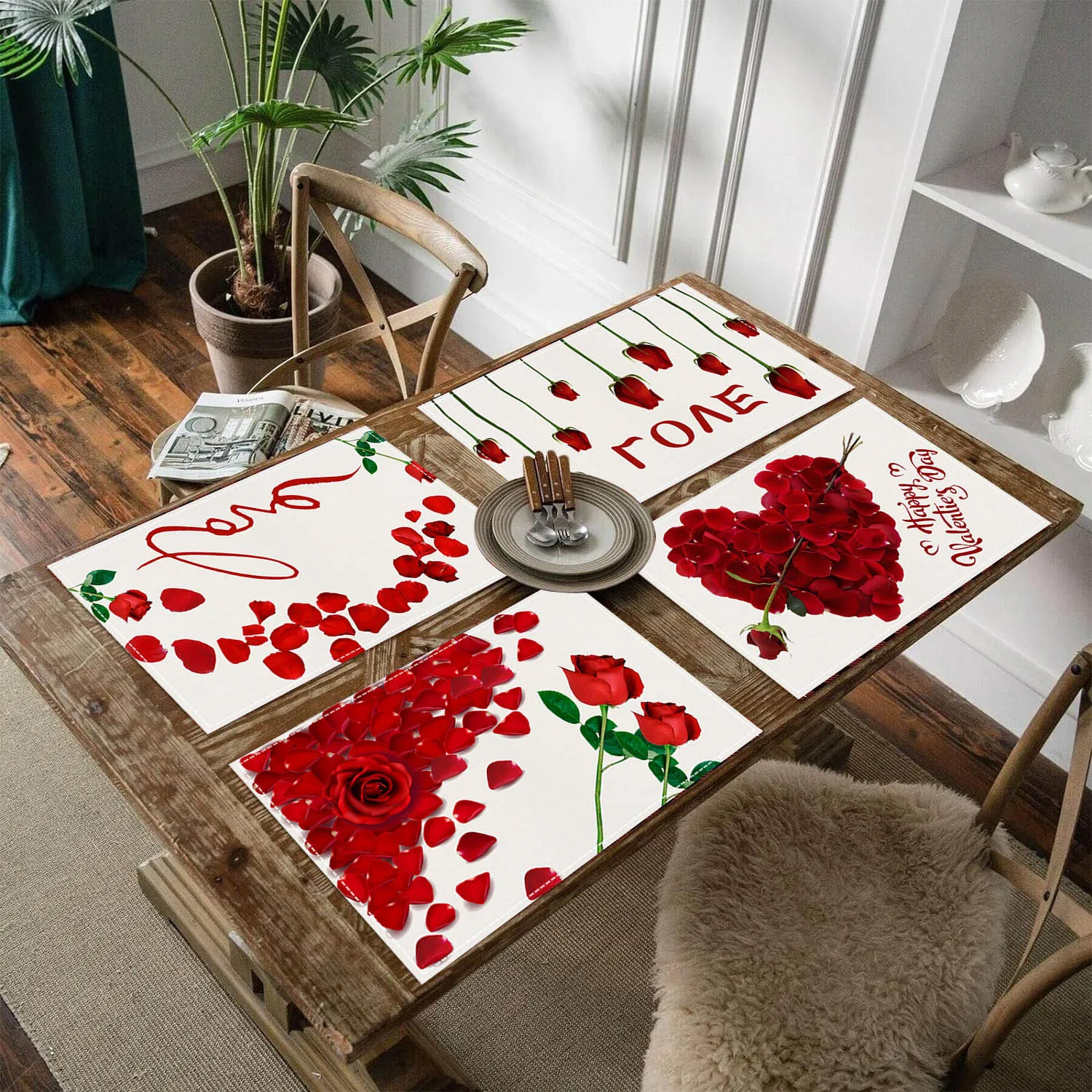 2026 Valentine's Day Family Placemats with Red Letter Petals, Festive Table Decorations, Coffee Cups and Heat Insulation Pads