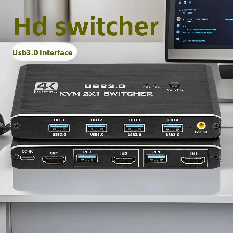 USB 3.0 KVM 4K@60Hz HD-compatible 2x1 Switch Box for 2 Computers Share One Monitor and 4 USB Devices for Keybord Mouse Printer