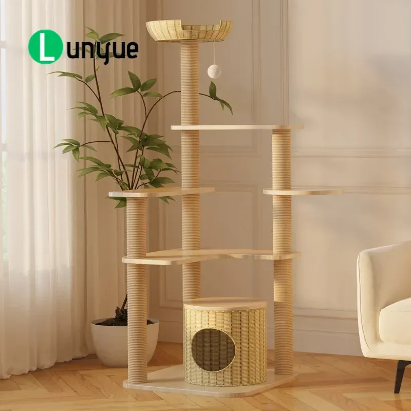 Rattan Cat Climbing Frame with Litter Box Solid Wood Cat Tree Jumping Platform Small Pet Supplies for Indoor Home Use