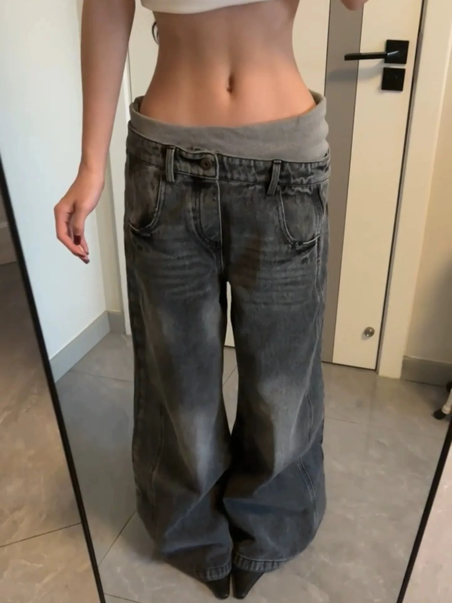 Y2K Double Waist Jeans Women American Retro Washed Asymmetrical Contrasting Design Sense Loose Wide Leg Pants