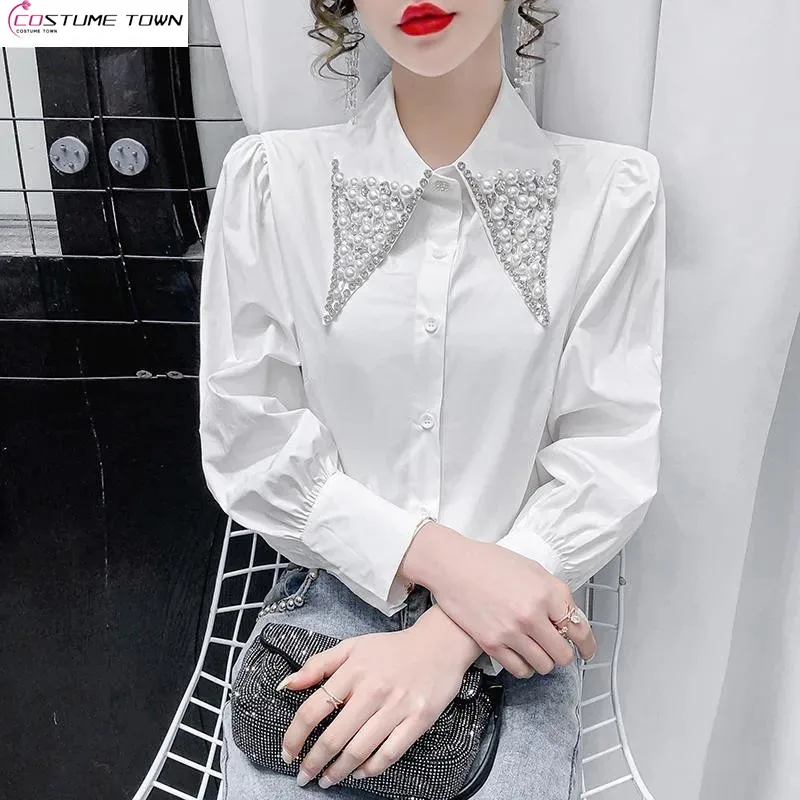 

Dingzhu Doll Neck Shirt Women's 2024 Summer New Versatile Loose Bubble Sleeve Top Design Feel White Shirt