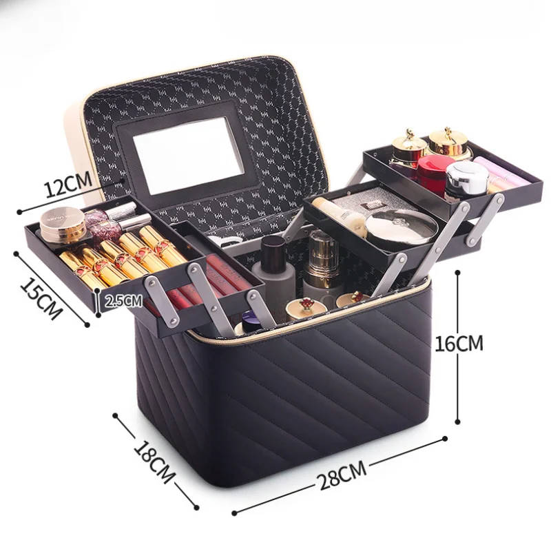 Large Capacity Travel Makeup Bin Portable PU Leather Cosmetic Storage Box for Women Multi-layer Cosmetics Toiletry Storage Case