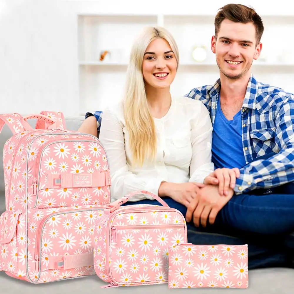 3PCS Daisy Girls Backpack, 17 Inch Laptop School Bookbag Teen College Water Resistant Kids Backpacks with Lunch Box Set - Pink