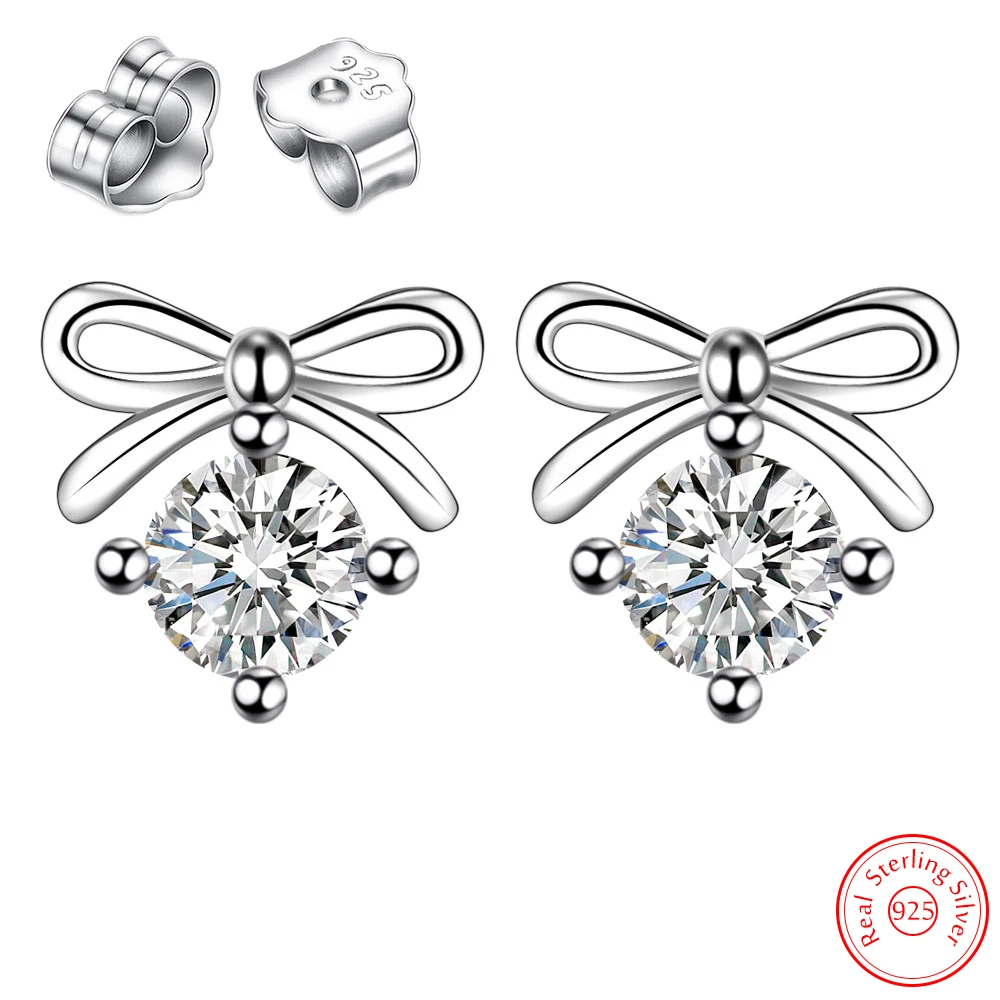 

Genuine 925 Sterling Silver Jewelry Fashion Bow Zircon Crystal Stud Earrings For Women New XY0255