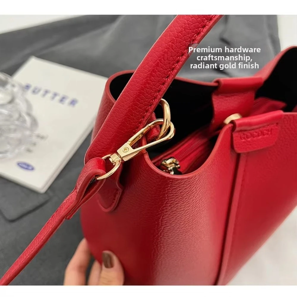 Meistverkaufte Rote Damen-Umhängetasche Hochwertige Schlichte Bucket Bag Vielseitige PU-Material Handtasche Hochzeitsgeschenk – Detail 12
