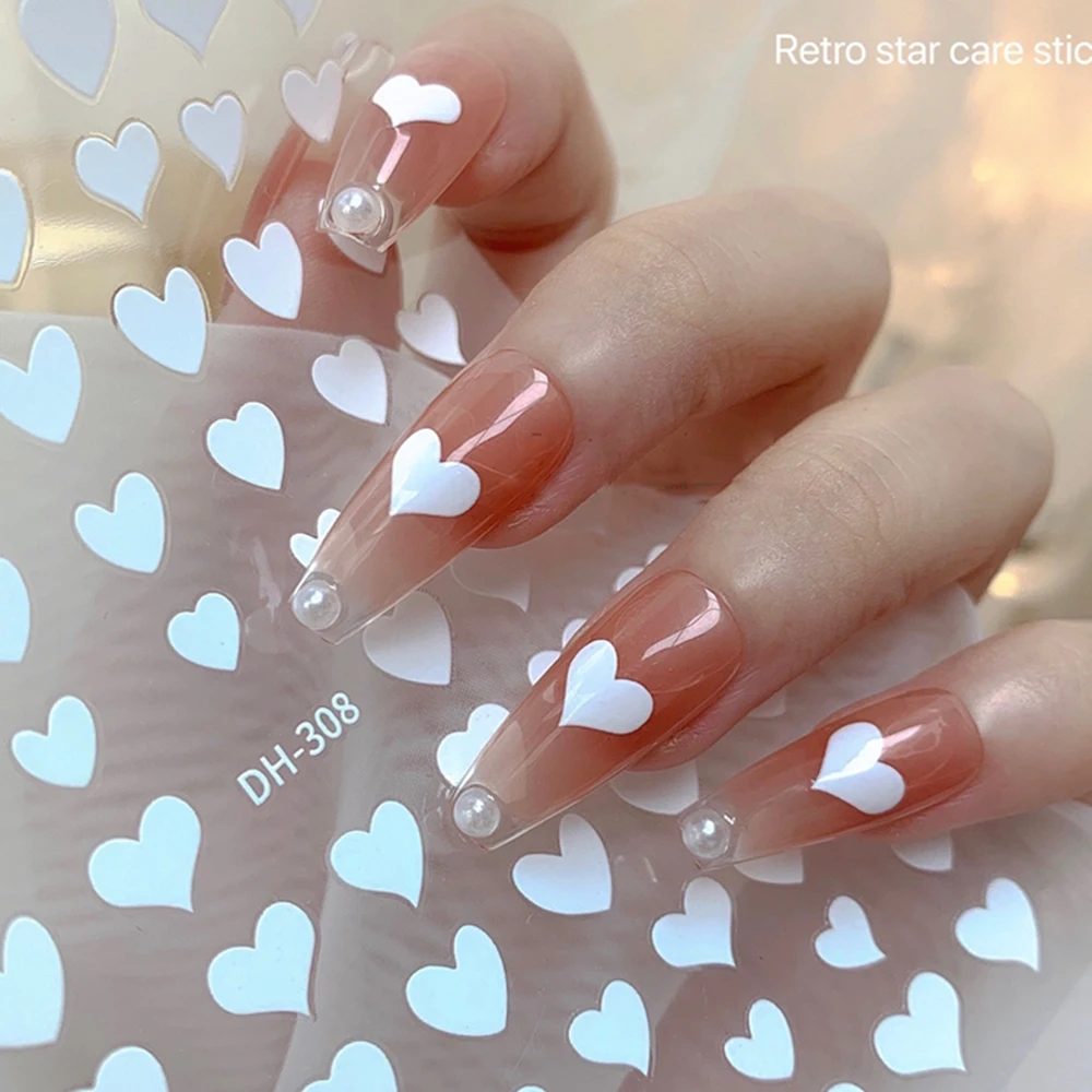 3D Valentinstag weiße Liebe Herz Nagelaufkleber 1 Stück 8x10 cm Kawaii weißes Herz/Stern Nagelaufkleber 3D selbstklebender weißer Herzschieber