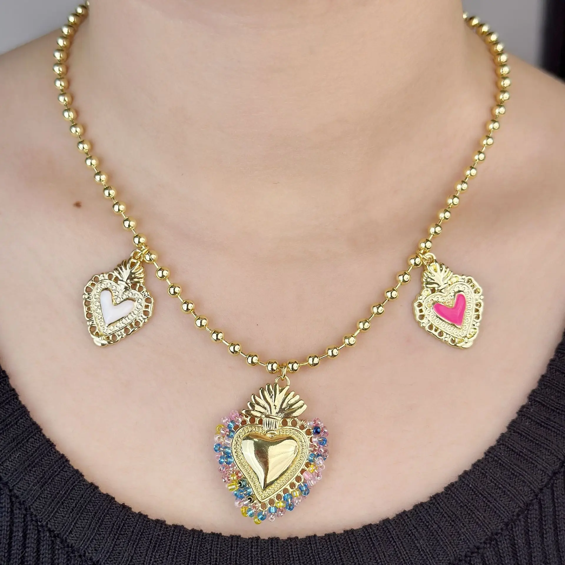 Gold Plated Metal Beads Sacred Heart Charm Necklace for Women Necklaces Christian Faith Jewelry