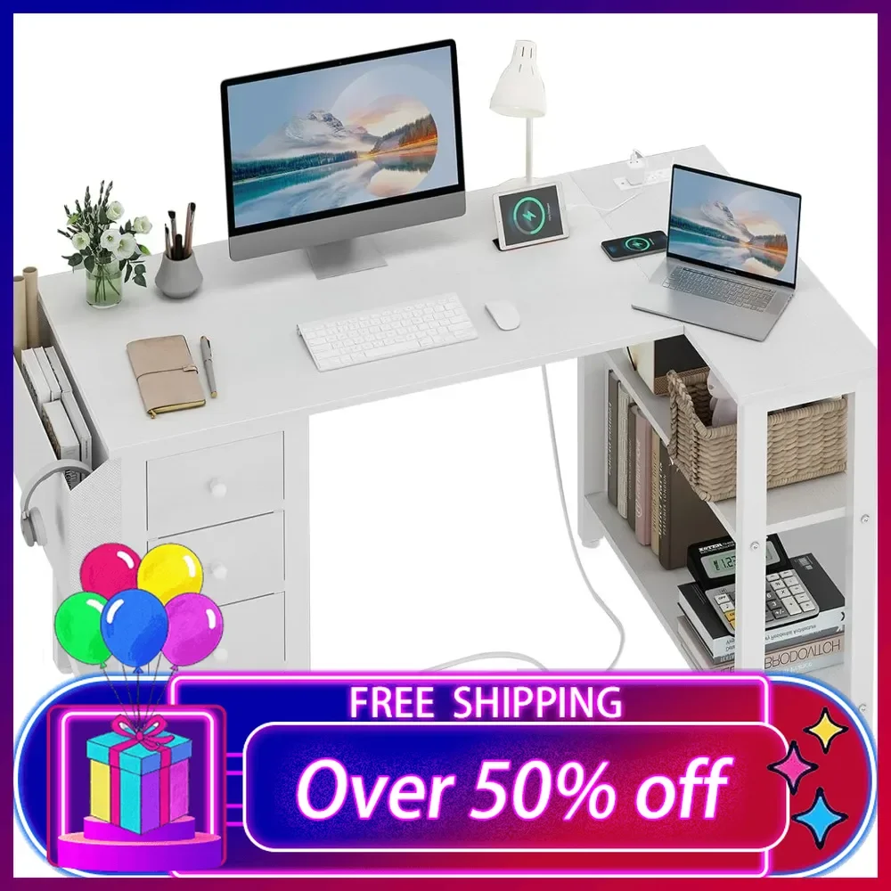 White L Shaped Computer Desk with Drawers & Storage Shelves, 47 Inch Corner Desk with Power Outlet for Home Office Bedroom