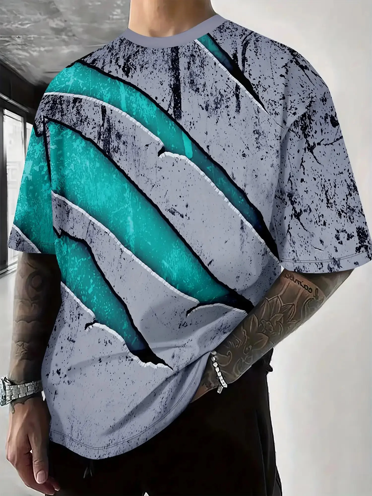 Men's Retro Cracked Turquoise Stripe 3D Print T Shirt Summer Crew Neck Short Sleeve Casual Abstract Street Tee