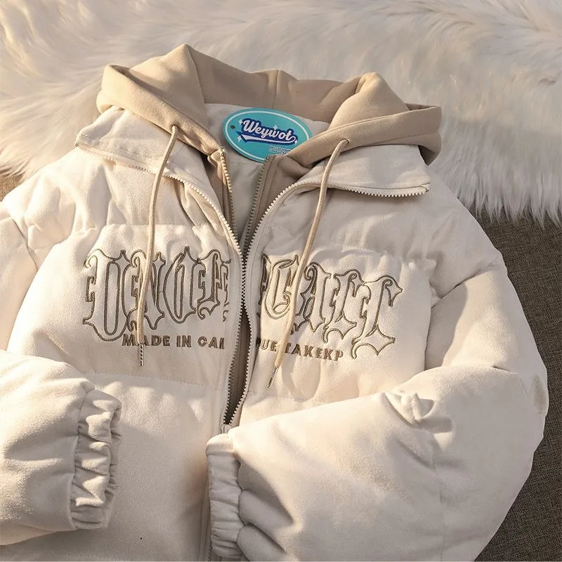 Abrigo de pan con capucha de dos piezas falso Ins de nicho americano, moda urbana Y2K, abrigo Retro holgado para parejas, ropa de calle para hombres y mujeres