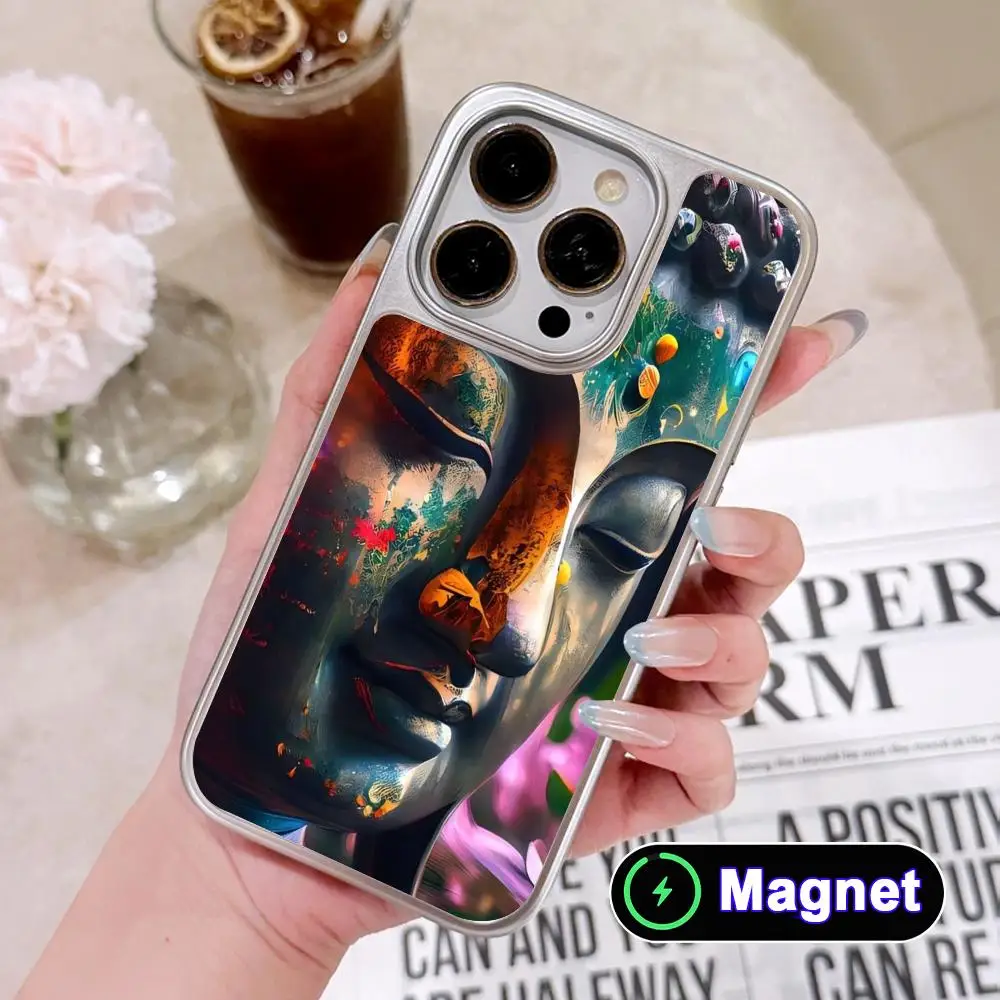 

Holy Buddha Phone Case for iPhone 17 16 15 14 13 12 11 Air Pro Max Plus Electroplated Silver Magnet Cover