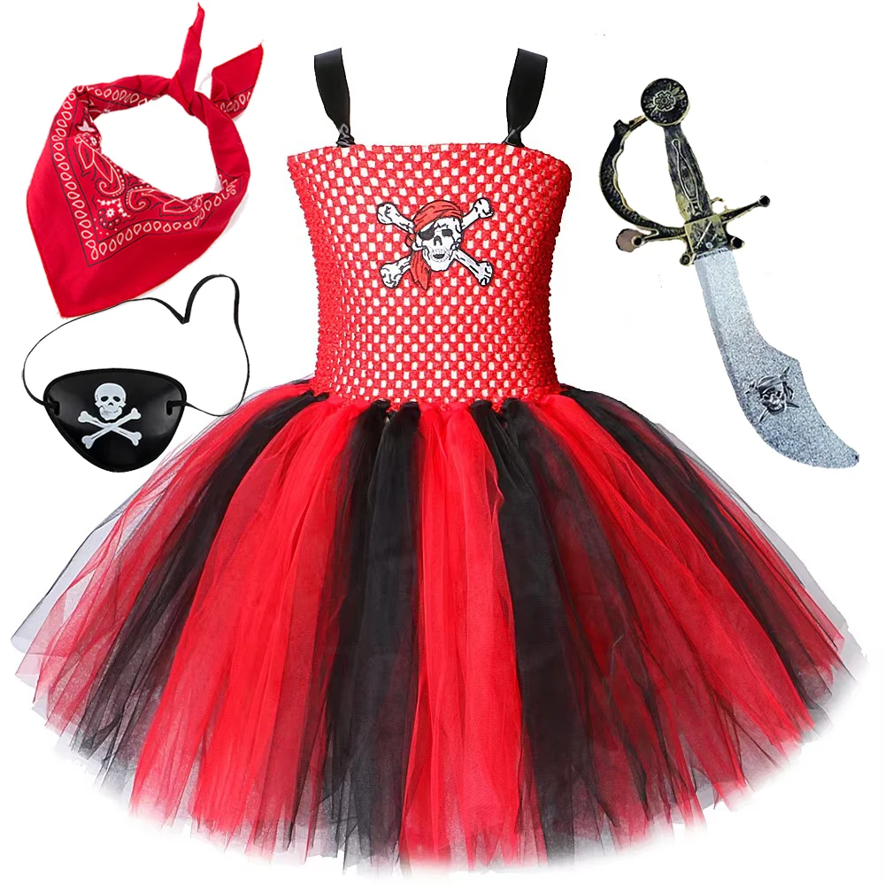 Red Black Pirate Costume for Girls Halloween Fancy Dresses for Kids Carnival Disguise Outfit Birthday Clothes with Bandana Sword