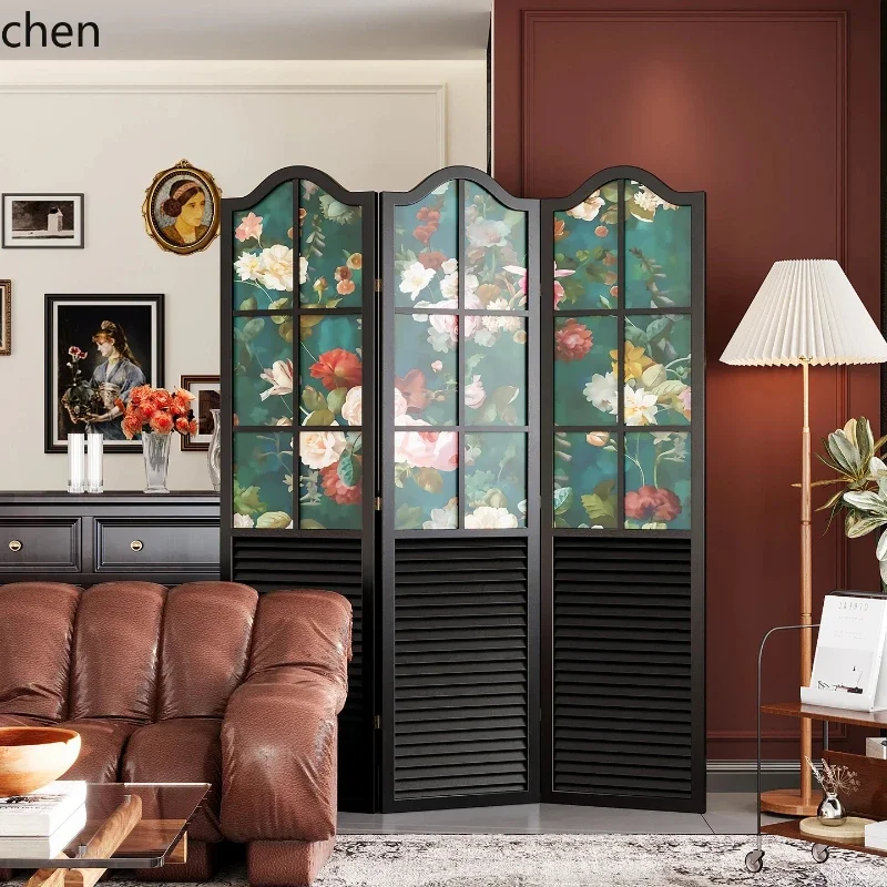 HYS  Retro Solid Wood Screen Partition Living Room Hotel Decoration Blocking Entrance Home Art Folding Screen