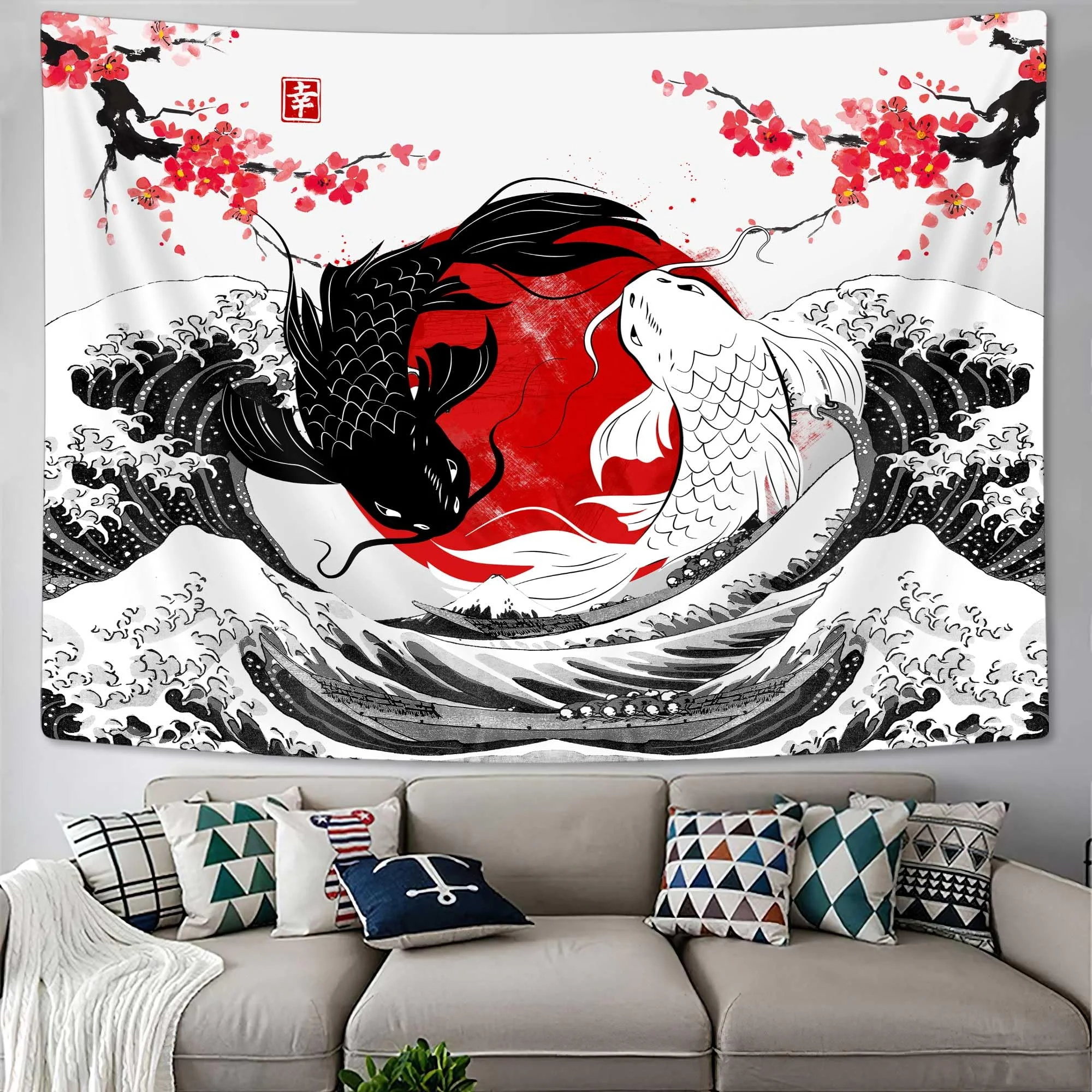 VIKAMA Yin-Yang Koi Ukiyo-e Wandteppich, rot und schwarz, Tai Chi, Wanddekoration für Wohnzimmer und Schlafzimmer, Wohnheim- und Gästehausdekoration