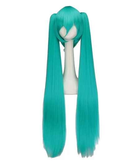 Synthetic Hair Miku Cosplay Long Wig Green Heat Resistant Party Wigs with 2 Clip Ponytails Wigs