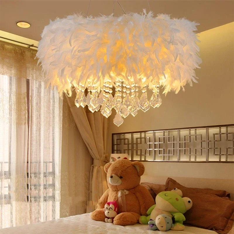 LED Pendurado Iluminação Interior Decoração, Crystal Feather Pendant Lamp para Sala de Estar, Quarto, Cozinha, Princess Room, Novo Design