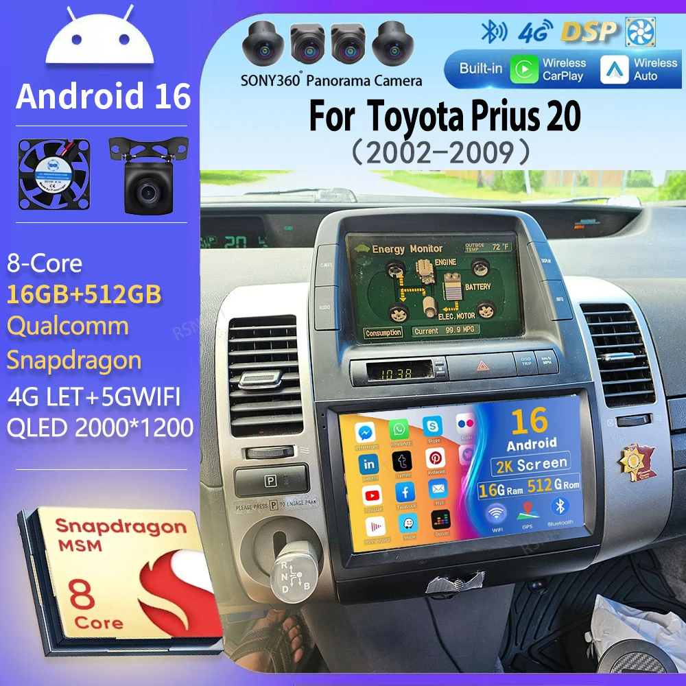 

Android 16 wifi+4G Carplay Auto Car Radio For Toyota Prius 20 2002 - 2009 Navigation GPS Video Player Stereo Multimedia DVD DSP