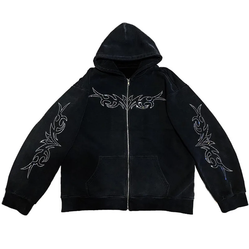 

2026 new autumn hot stamping diamond front and back printed hooded zipper hoodie punk street trend fashion casual versatile ins