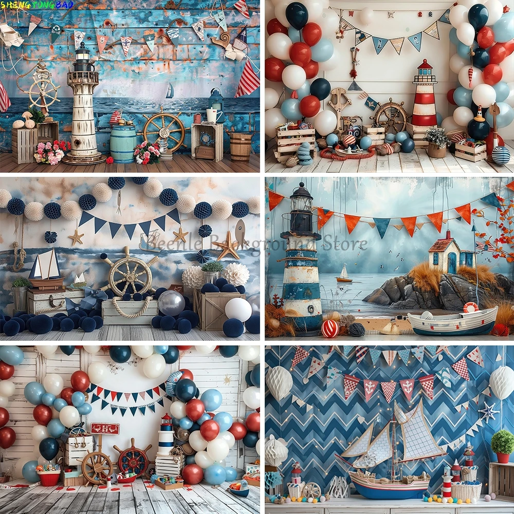

Boys 1st Birthday Backdrop for Photography Helmsman Sailing Crew Sailor Balloons Kids Cake Smash Party Decor Background