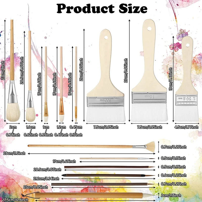 14Piece Paint Brushes Different Shapes Glaze Brushes For Pottery Artists Adults Kids Students