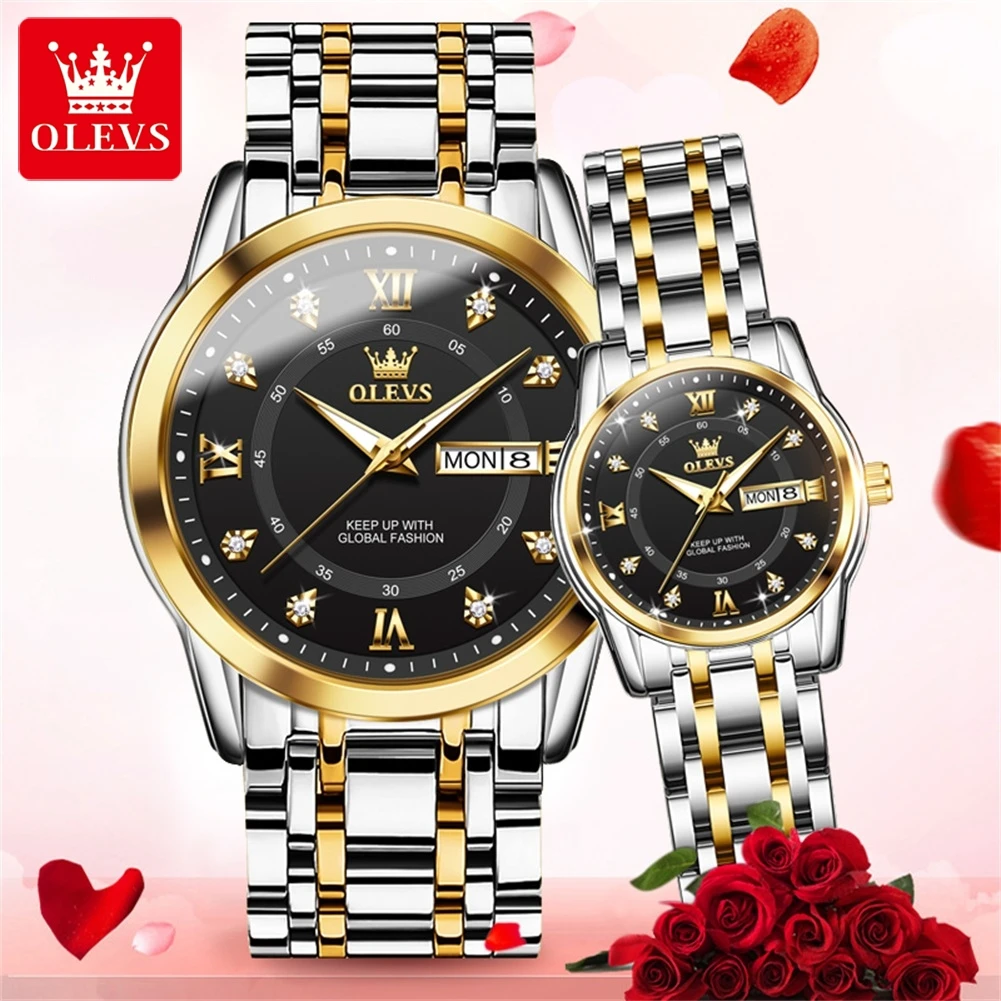 OLEVS Trend Fashion Couple Watches Fine Steel Original Brand Quartz Wristwatch for Lover Dual Scale Dial Waterproof Luminous New