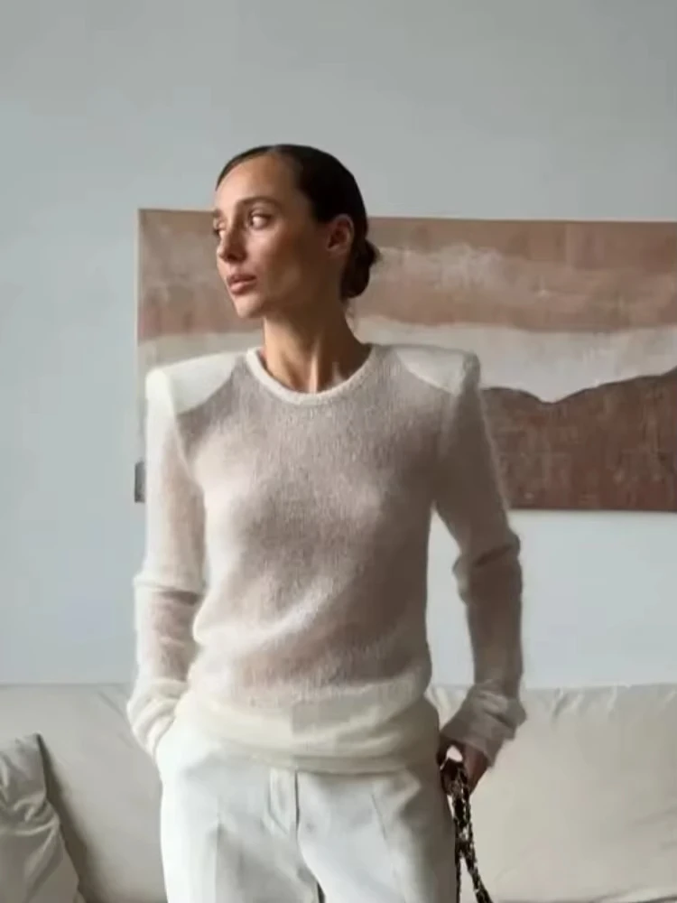 

Женский однотонный полупрозрачный вязаный пуловер с круглым вырезом, длинными рукавами, облегающий, тонкий свитер, 2026, новинка, уличный стиль, женская одежда