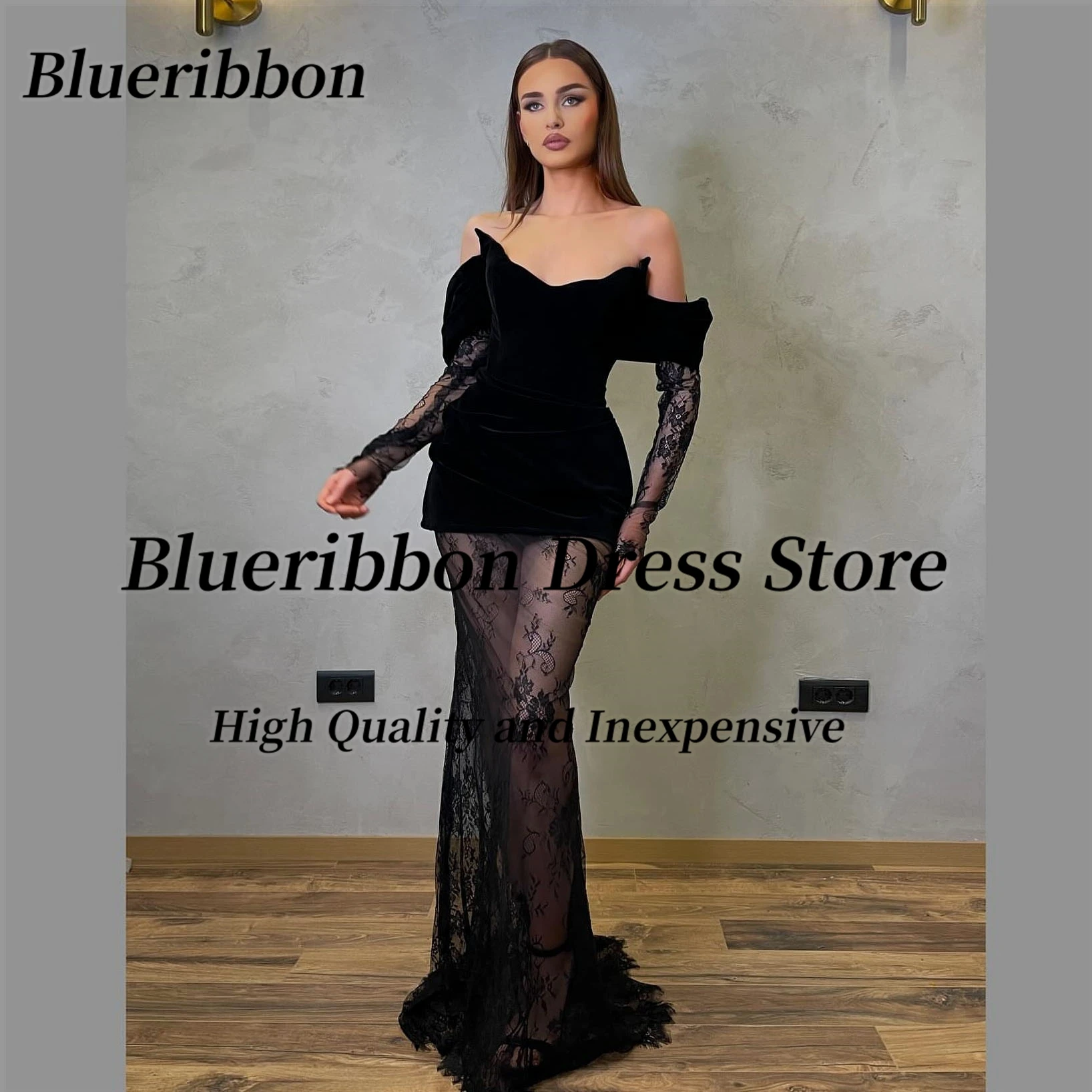 

Blueribbon 2-Pieces Black Prom Dresses Off Shoulder Long Sleeves Robe Des Cocktail Party Dress Lace Evening Gowns Customized