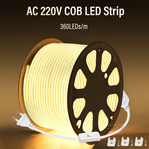 COB LED 스트립 방수 야외 장식 조명, 220V, 110V 플러그, 360LED/M RA90, 고휘도, 3000K, 4000K, 6000K 리본, 따뜻한 흰색 