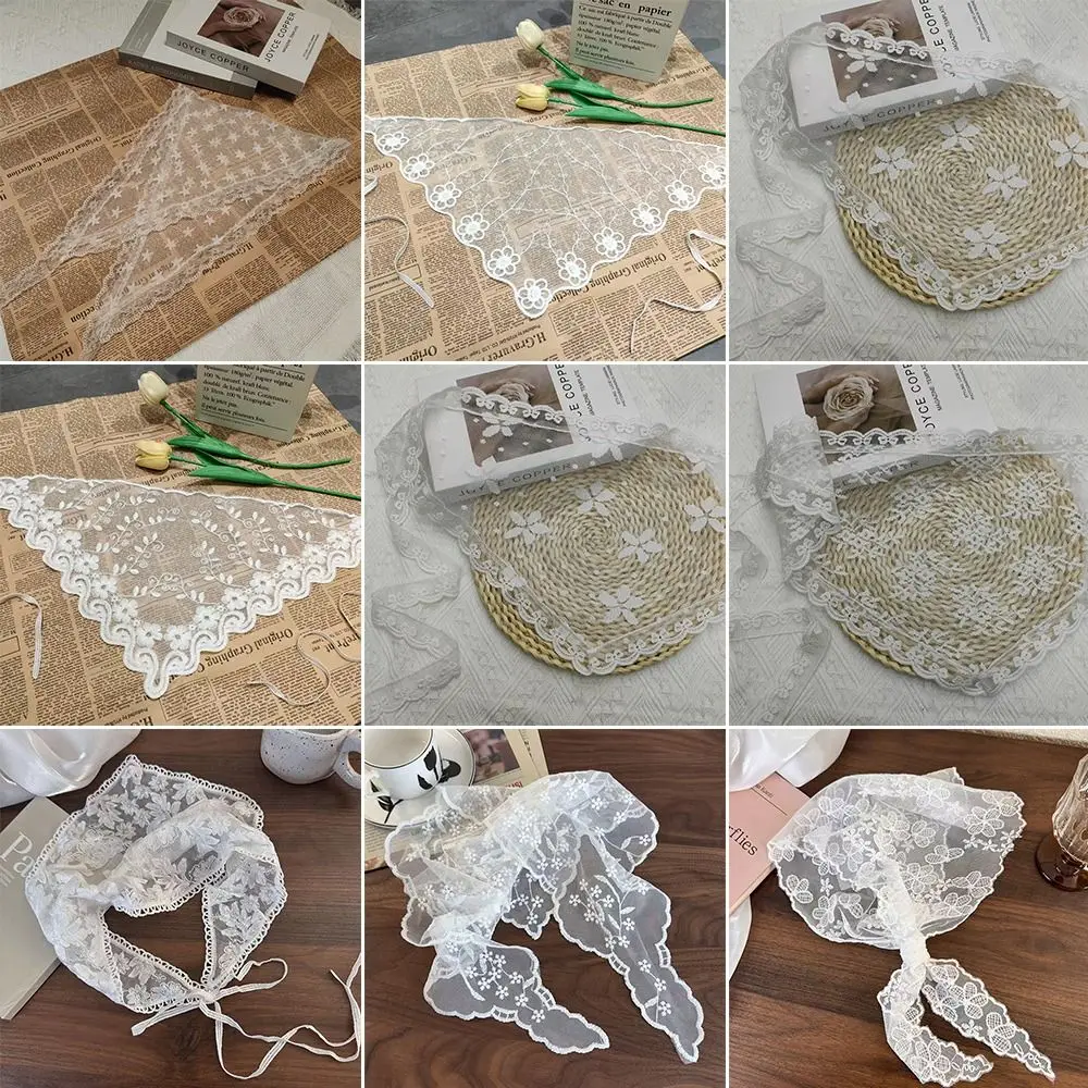 Embroidered Lace Triangle Headscarf Hollow-out White Hair Bandana Woven Floral Pastoral Style Hair Scarf Wraps for Women Girls