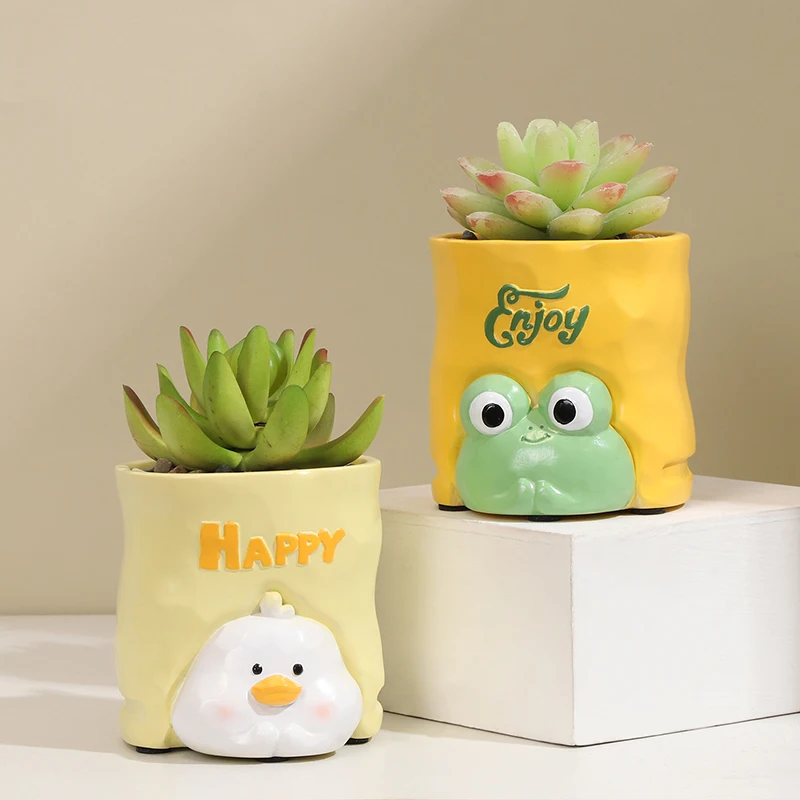 3inch Mini Colorful resinss Eco-Friendly Minimalist Succulent Planter Cartoon Animal Flower Pots Drainage Hole for Desktop Home