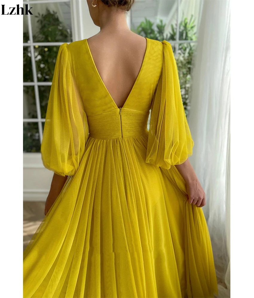 Customized Temperament Tulle A-Line Buttons Evening Dress High Quality V-Neck 3/4 Sleeves Floor Length Party Gowns Custom Made