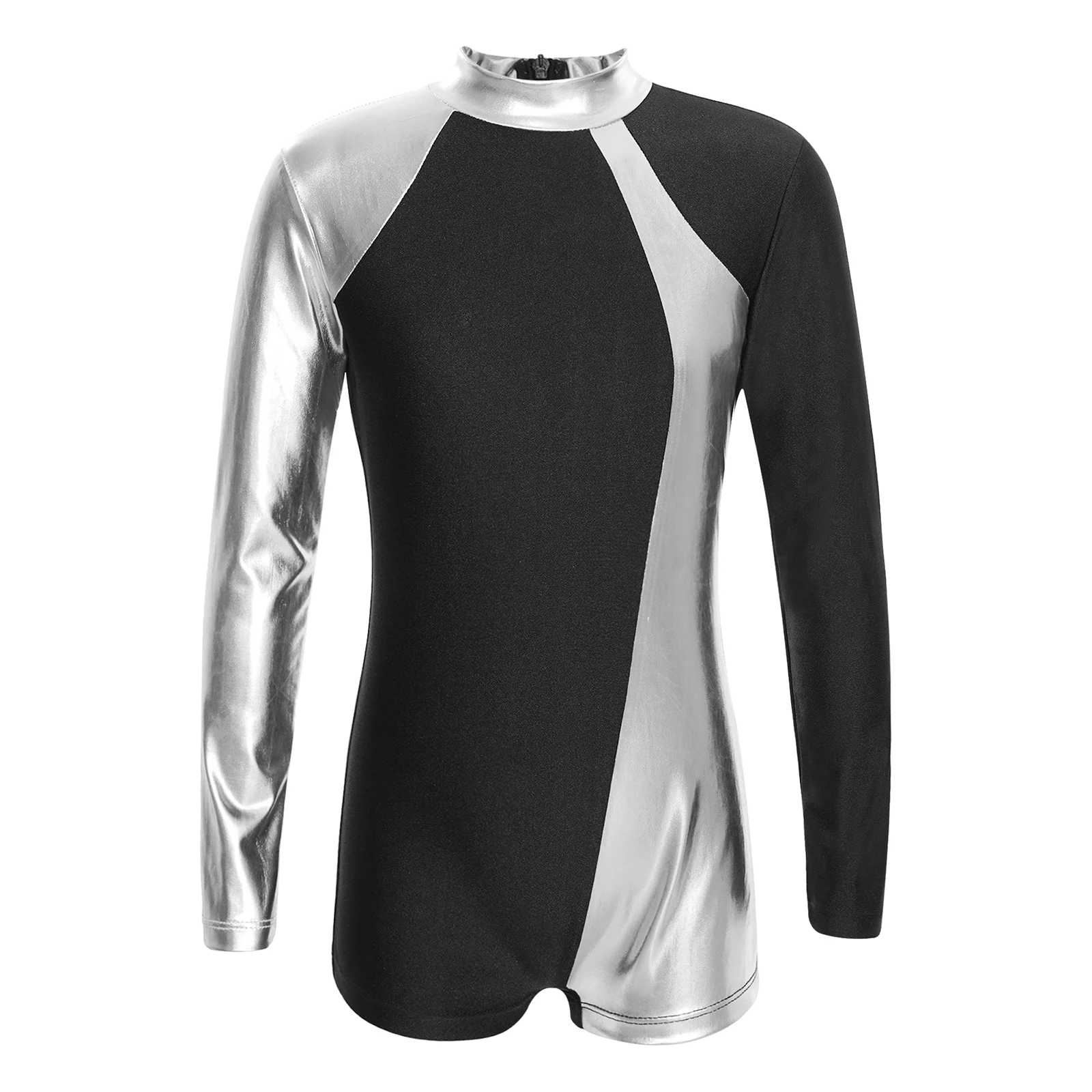 Kids Girls Metallic Gymnastics Leotard Color Block Ballet Dance Jumpsuit for Acrobatics Teen Long Sleeve Figure Skating Bodysuit