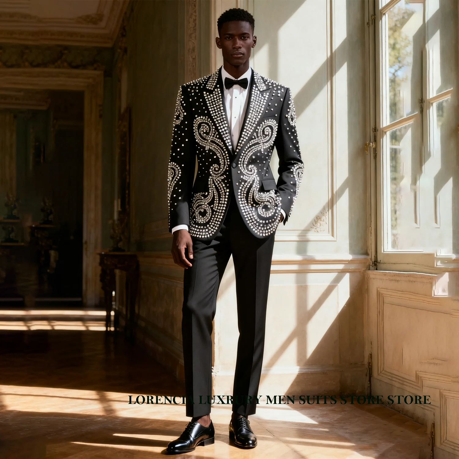 

Customized Elegant Metal Embellished Men Suits Slim Party Prom Blazer Costume Homme Single Breasted 2 Pieces Sets Groom Tuxedos