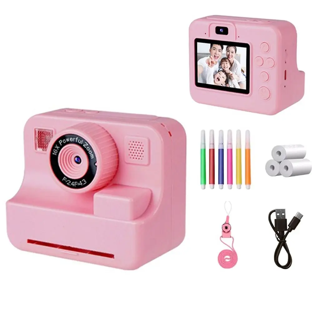 Cute 1080p HD Screen Kids Digital Camera Portable Lanyard Thermal Photo Printing Toy Selfie Roll Paper Instant Print Camera Girl