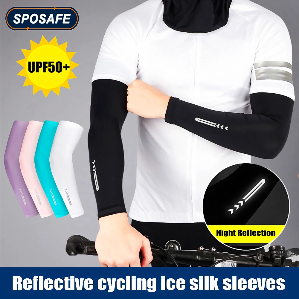 1Pair Sports Reflective Cycling Ice Silk Arm Sleeves Anti-UV Cooling Arm Cover for Running, Jogging, Hiking, Night Riding Safe