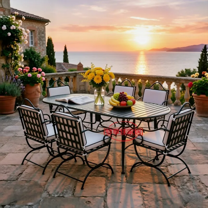 French outdoor wrought iron dining table and chairs Nanfa style leisure restaurant Famous hotel terrace courtyard garden table a